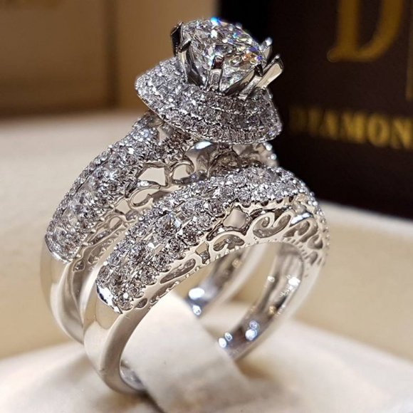 NEW 2PC/Set 925 Silver Round Diamond Halo Ring 7